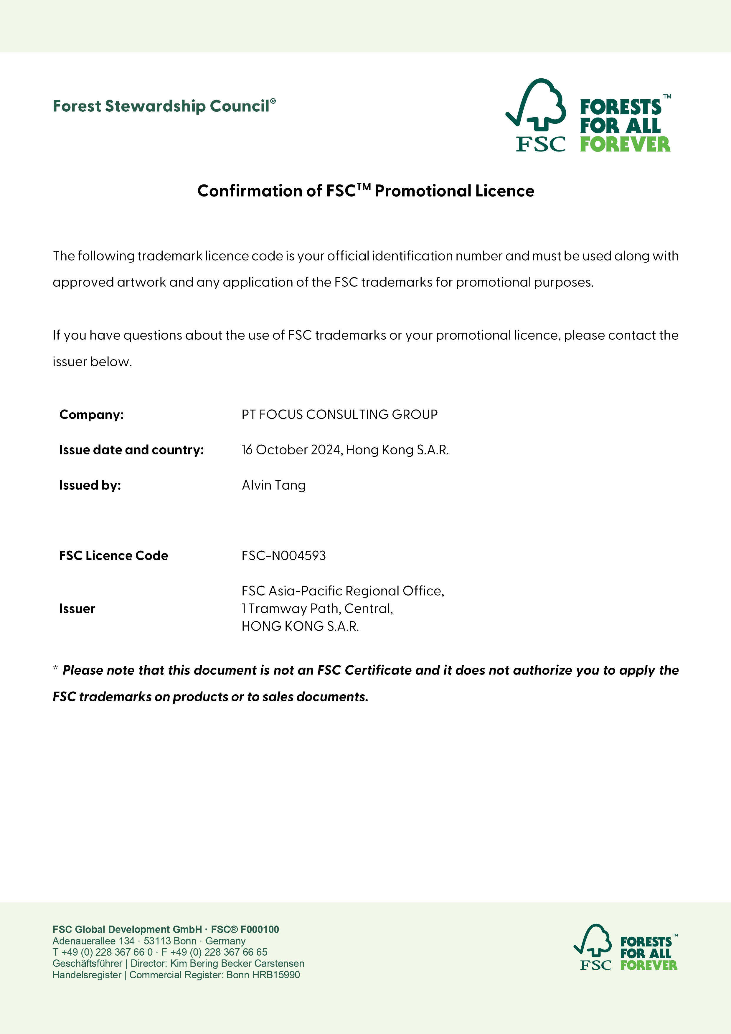 Sertifikat FSC Promotional Licence